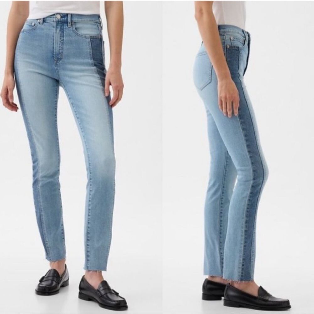 GAP 33/16 Blue Vintage Slim High Rise Light Wash Two Tone Stripe Raw Hem Jeans